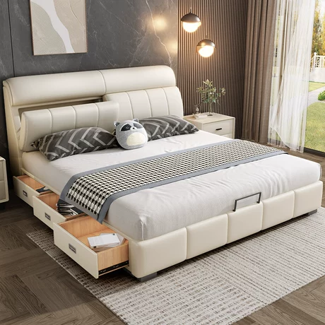 真皮床现代简约轻奢主卧室大床双人床软包床多功能储物皮艺床婚床 真皮床现代简约轻奢主卧室大床双人床软包床多功能储物皮艺床婚床