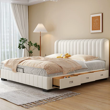 真皮床现代简约主卧大床网红ins奶油风轻奢软包床实木皮艺床婚